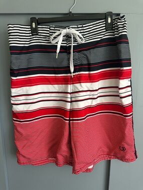 Striped Red, White & Navy Swim Trunks Men’s